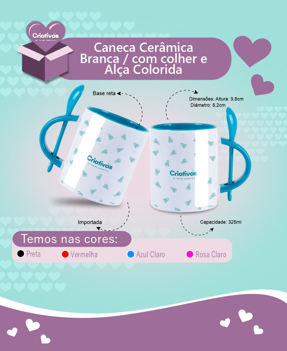Caneca Reta de Cerâmica Branca com Alça e Colher colorido