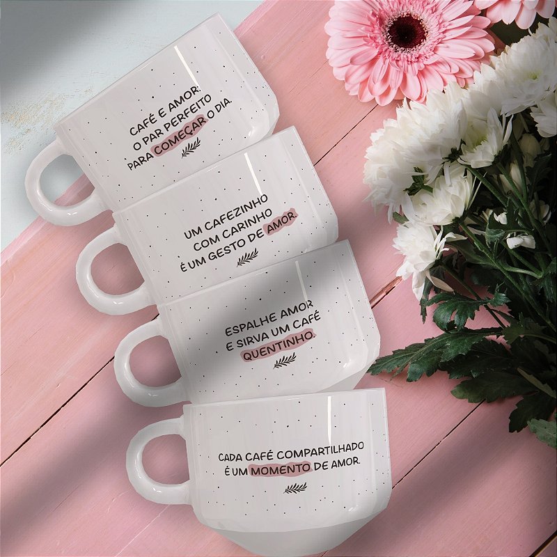 Kit de Xícara Branca 150ml - 04 Peças com Suporte