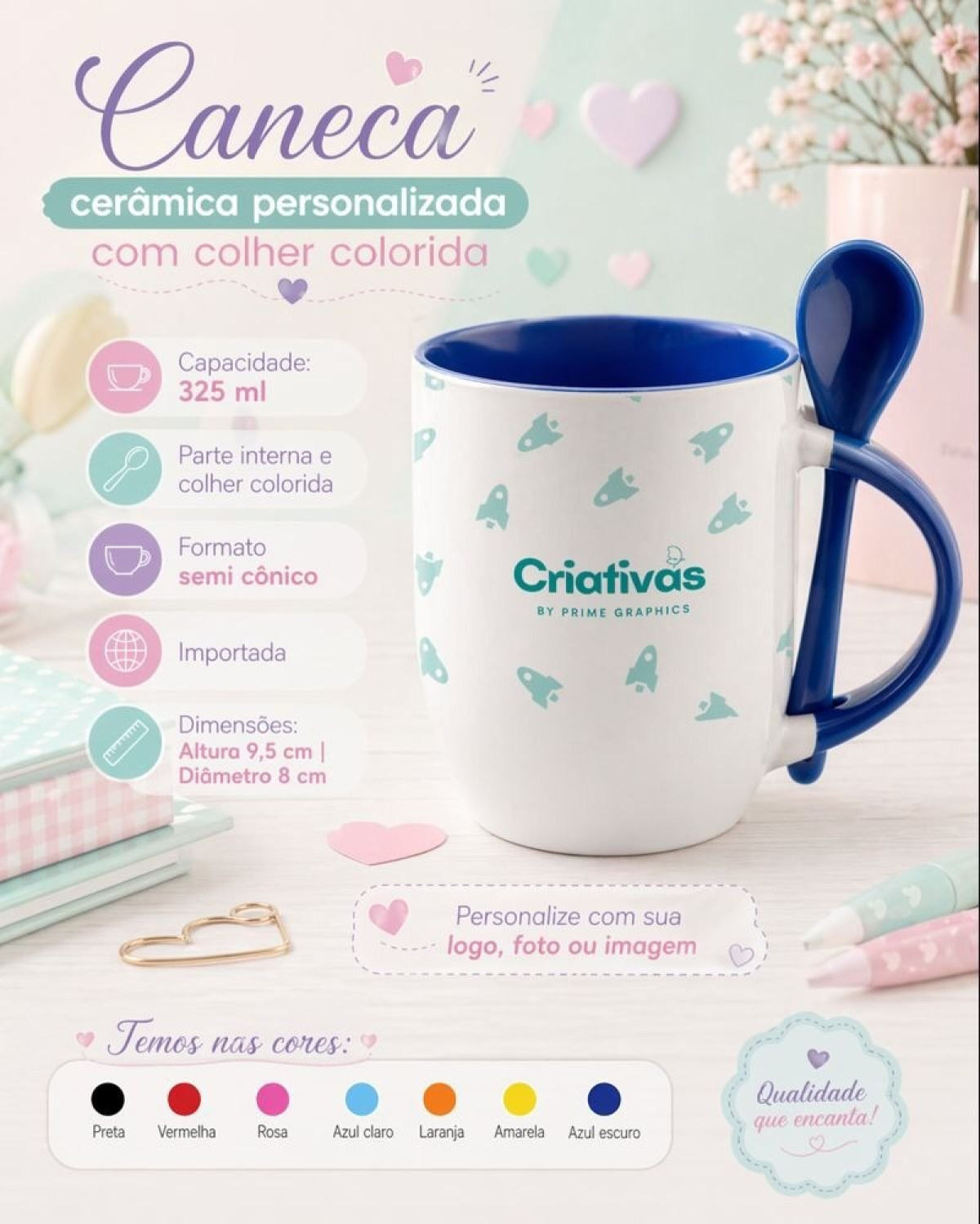 Caneca para Sublimação de Cerâmica Branca com Alça, Interior e Colher Colorido