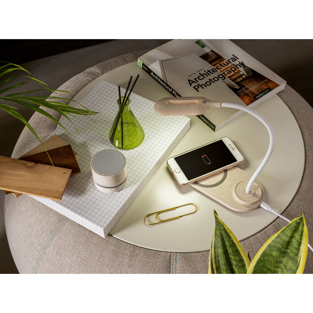 Luminária de mesa com carregador wireless super-rápido (15W) em ABS e fibra de palha de trigo - Ref: 160
