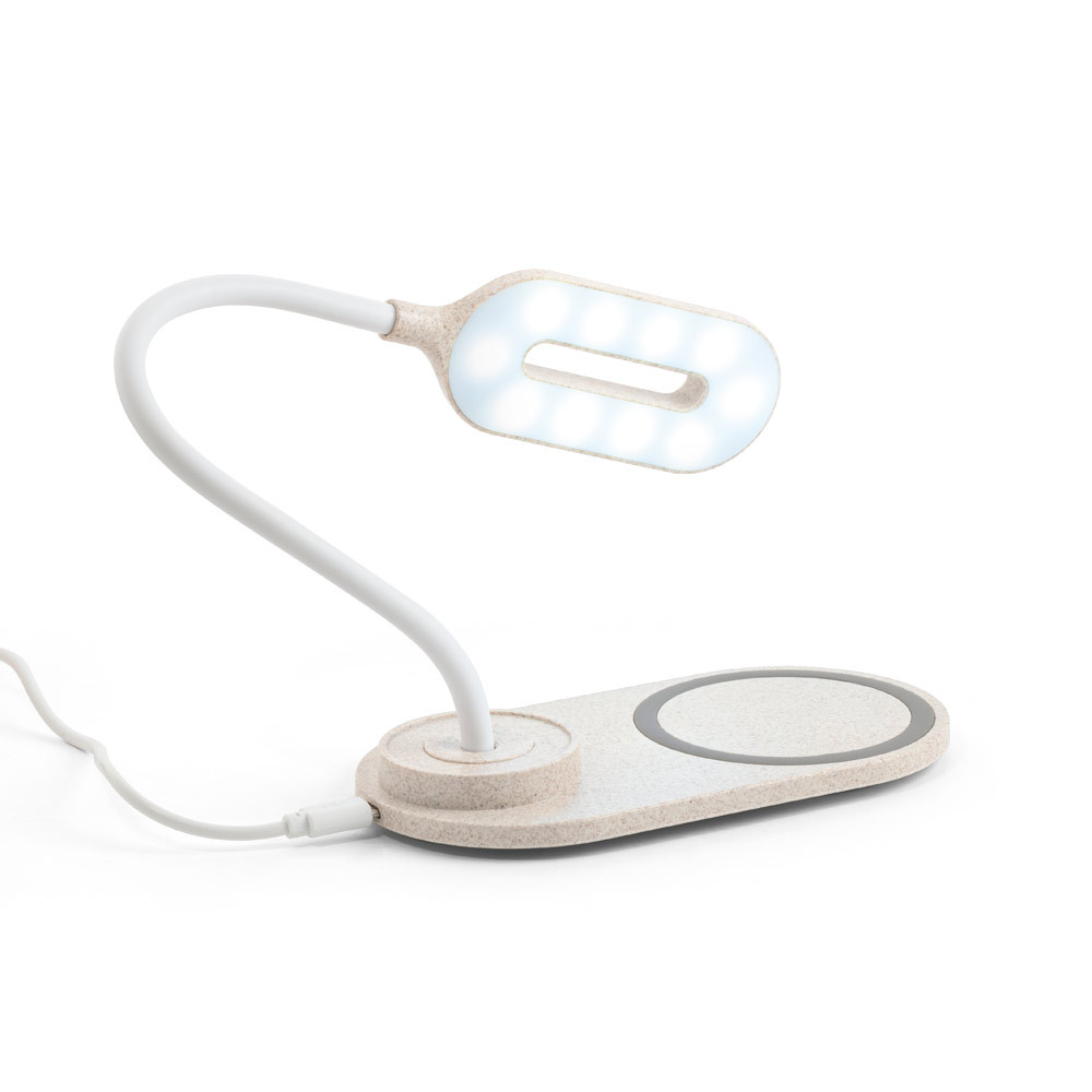 Luminária de mesa com carregador wireless super-rápido (15W) em ABS e fibra de palha de trigo - Ref: 160