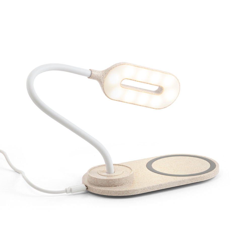 Luminária de mesa com carregador wireless super-rápido (15W) em ABS e fibra de palha de trigo - Ref: 160
