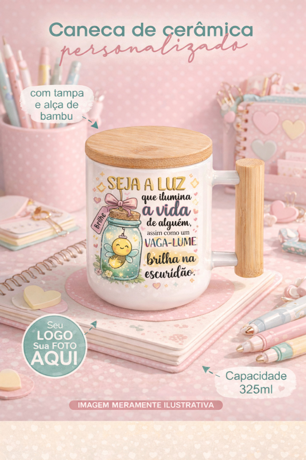 Caneca wood com tampa e alça de bambu Tudo posso naquele que me fortalece