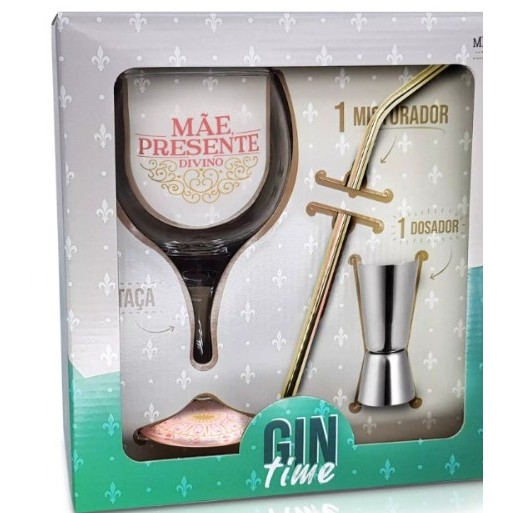 Kit Taça de Gin  Time Mãe Presente + Dosador  + Canudo