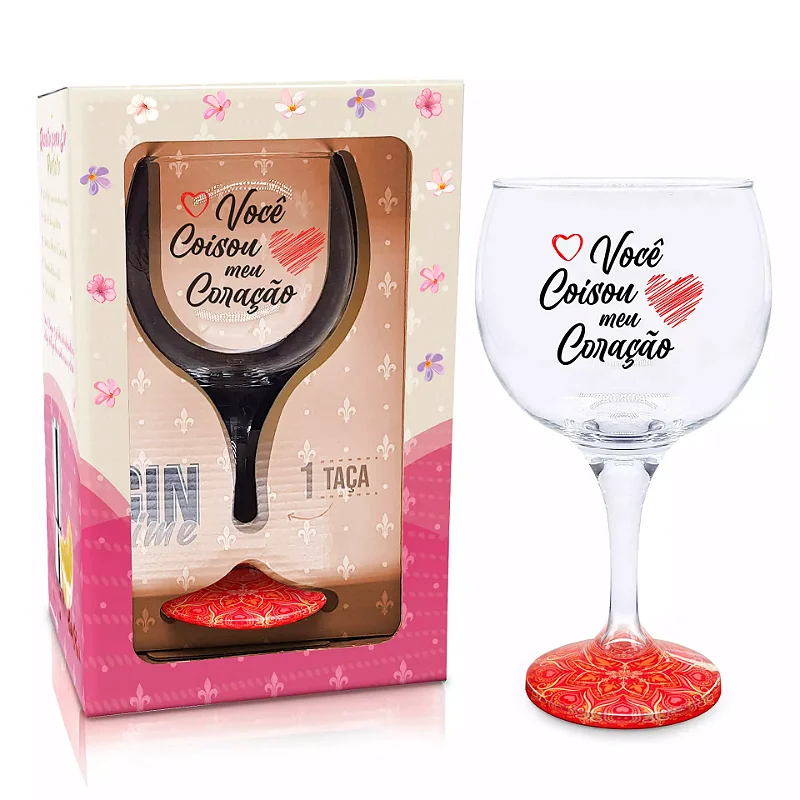 Taça Gin Você coisou meu coração base mandala vermelha 600 Ml Vidro