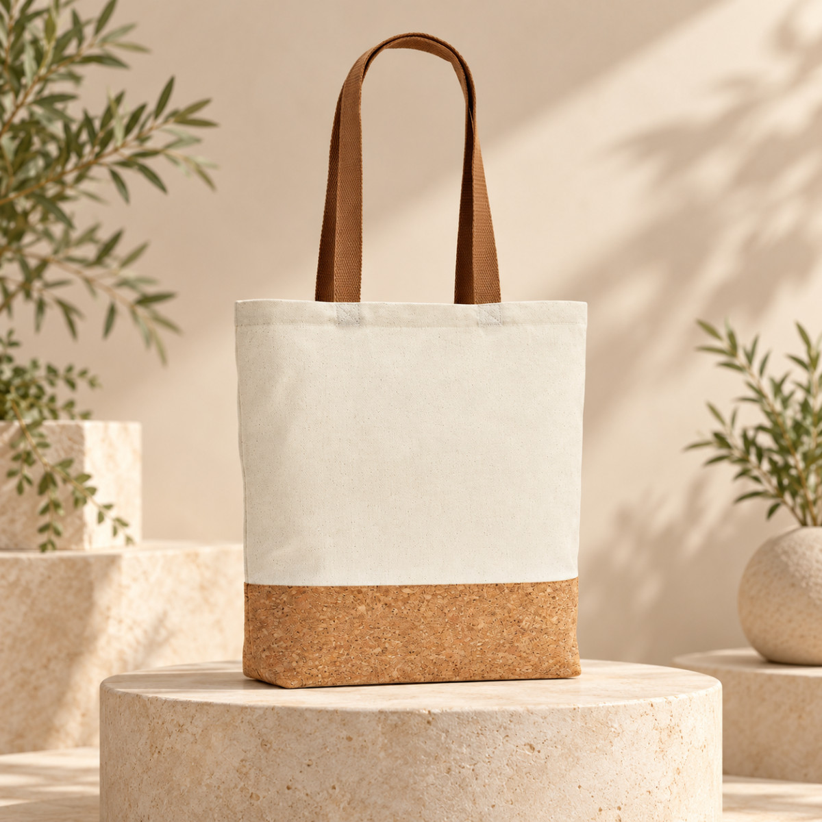 Sacola em 70% algodão reciclado e 30% poliéster reciclado (180 g/m²) com fundo em cortiça