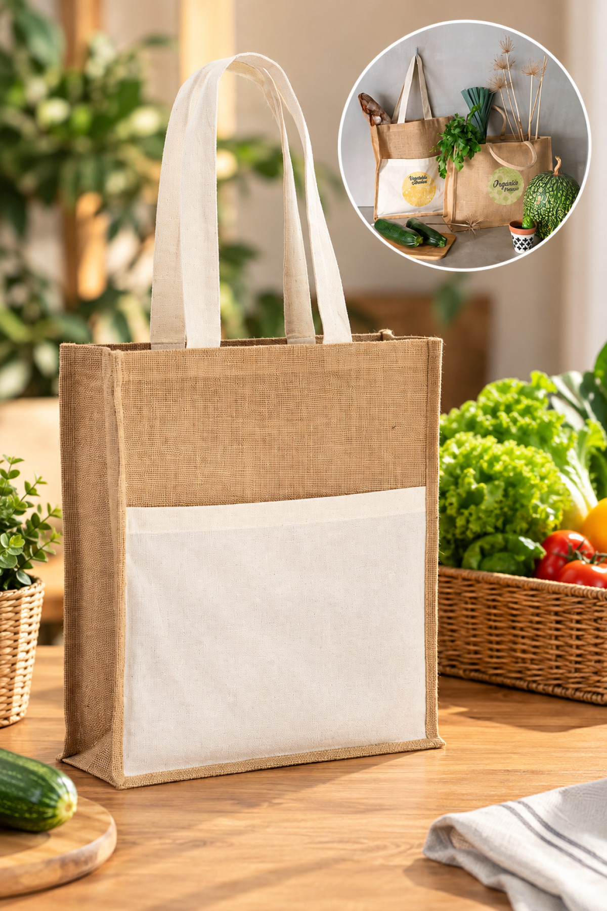 Sacola em juta (240 g/m²) e bolso em 100% algodão (140 gm²)