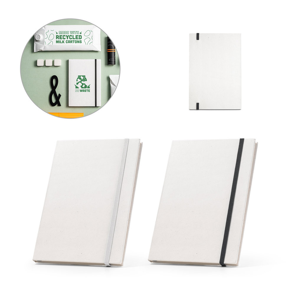 Caderno A5,produzido através de pacotes de leite reciclados com folhas pautadas recicladas, com 160 páginas pautadas recicladas - Ref: 103