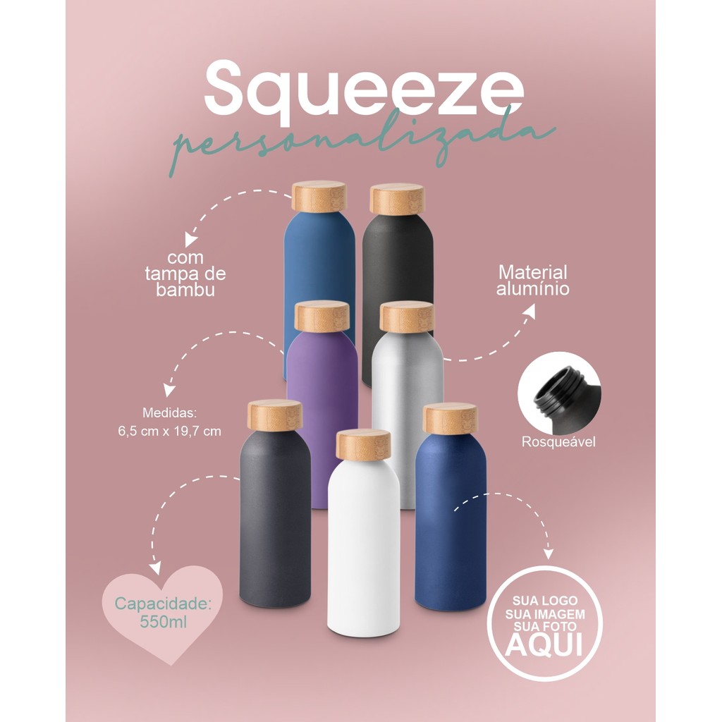 Squeeze em alumínio com acabamento mate e tampa em bambu 550 mL - Ref: 103