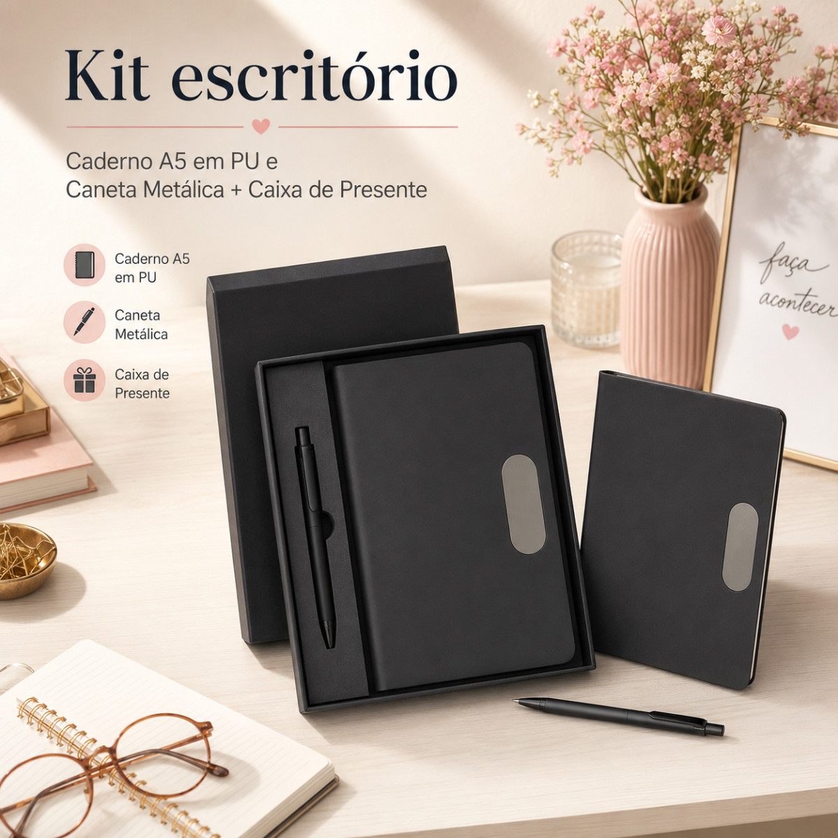 Kit escritório A5 em PU e Caneta Metalica