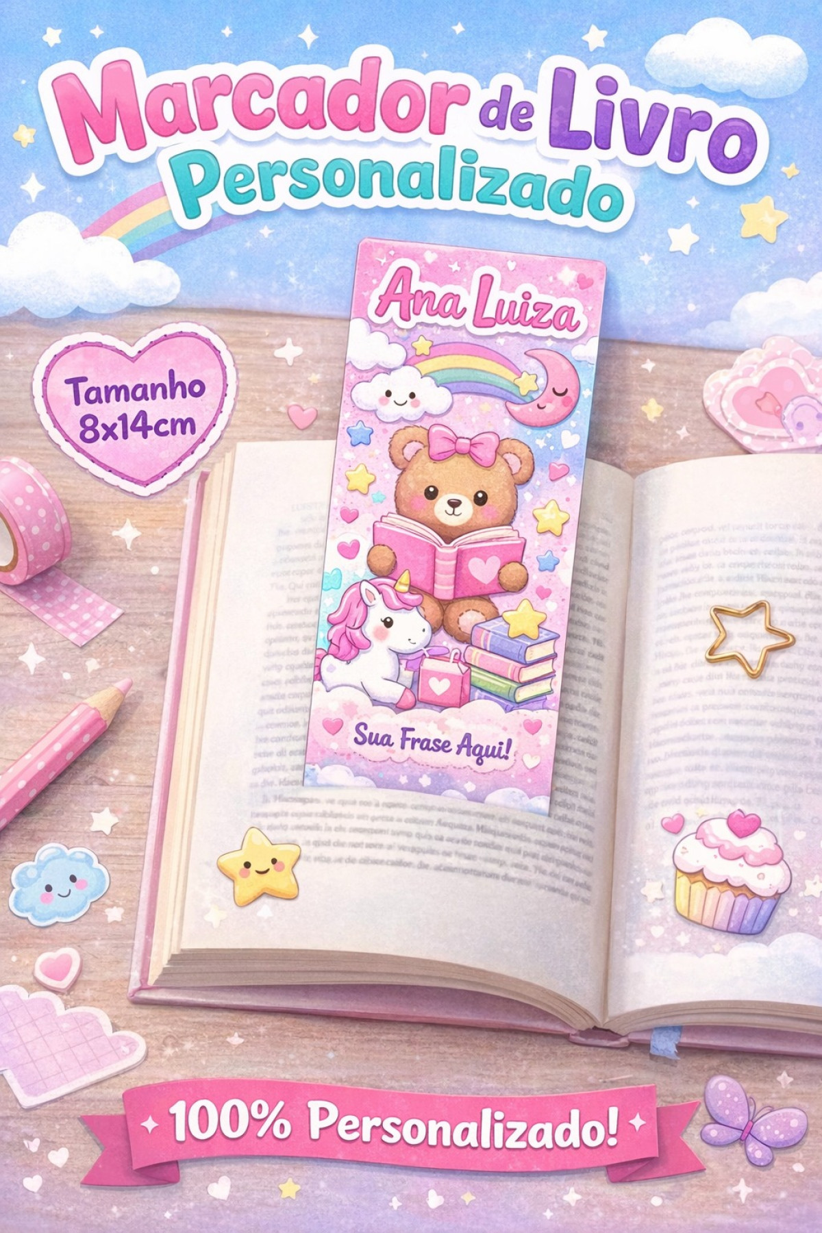 Marcador de Página Personalizado 8x14cm | Marcador de Livro Fofo