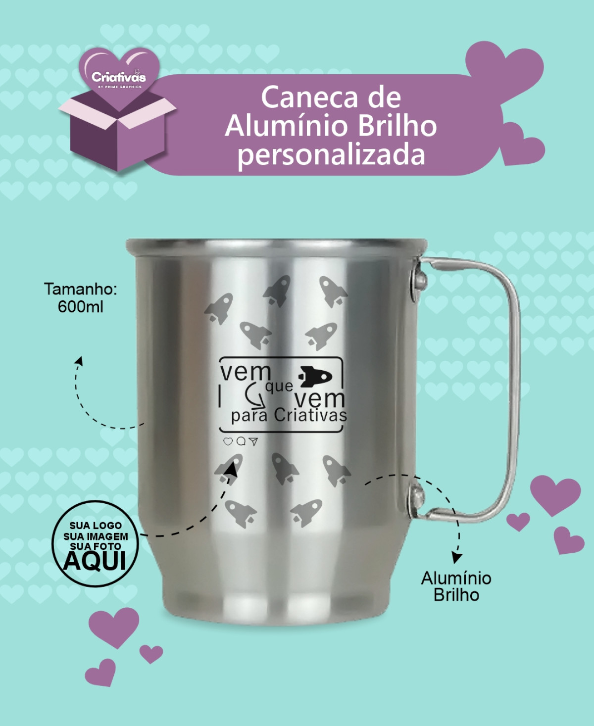 Caneca de Alumínio Brilho com Faixa Fosca - 600ml