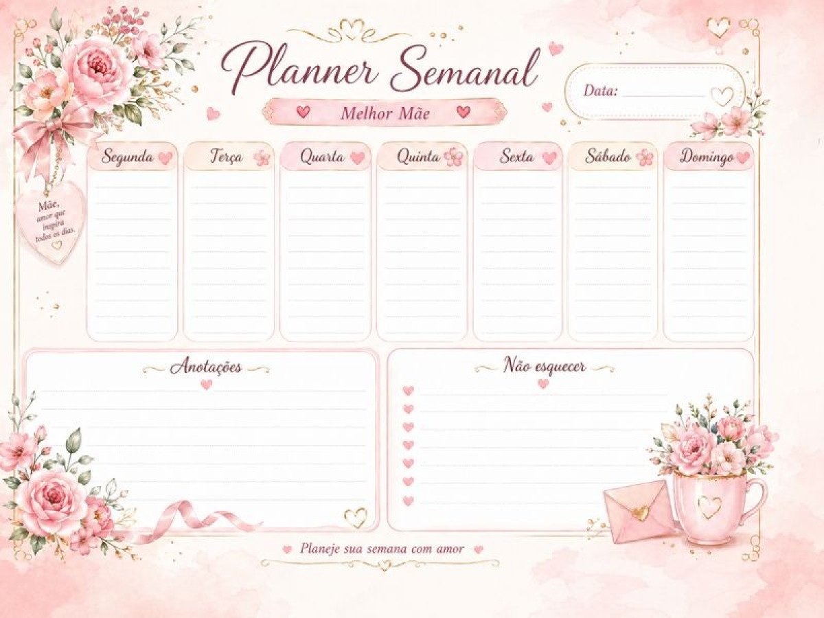 Planner Semanal Espiral A4 – Dia das Mães | Para a Melhor Mãe 🩷✨
