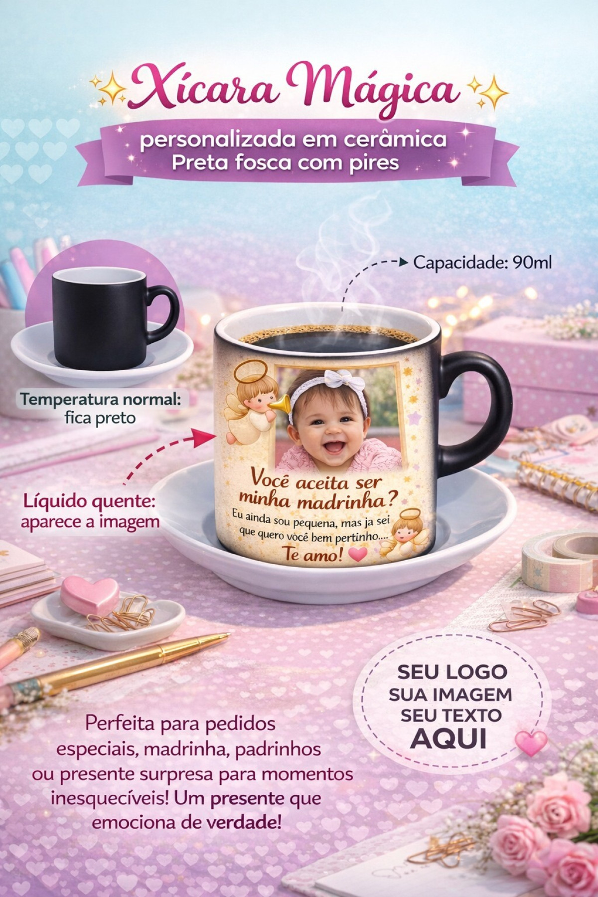 Xícara Mágica em Cerâmica Para Sublimação Preta Fosca com Pires - 90ml