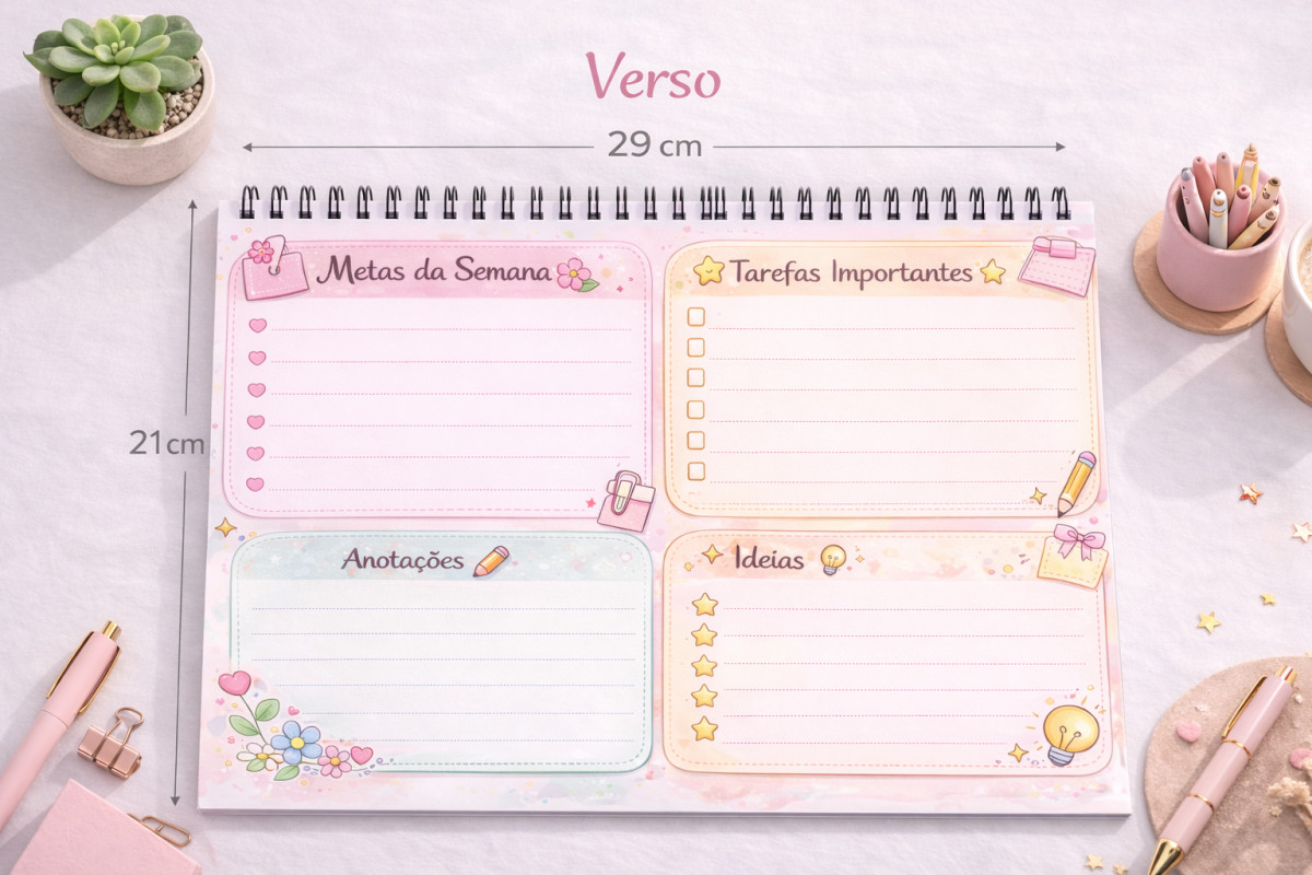 Planner Semanal Espiral A4 – 52 Folhas | Planeje, Organize e Realize 🌿