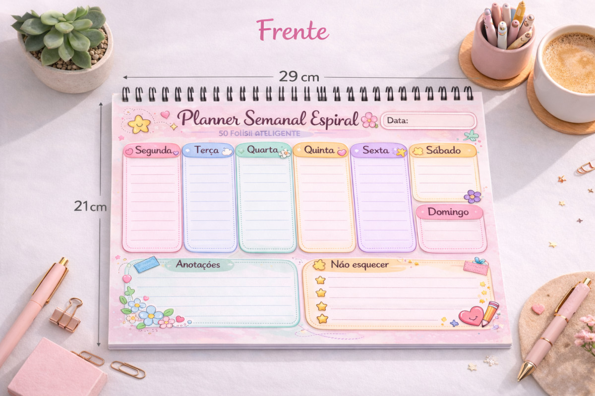 Planner Semanal Espiral A4 – 52 Folhas | Planeje, Organize e Realize 🌿