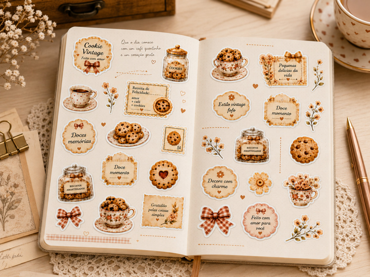 Kit Adesivos Cookie Vintage Vinil À Prova D’Água Journaling Planner Scrapbook 20 Unidades