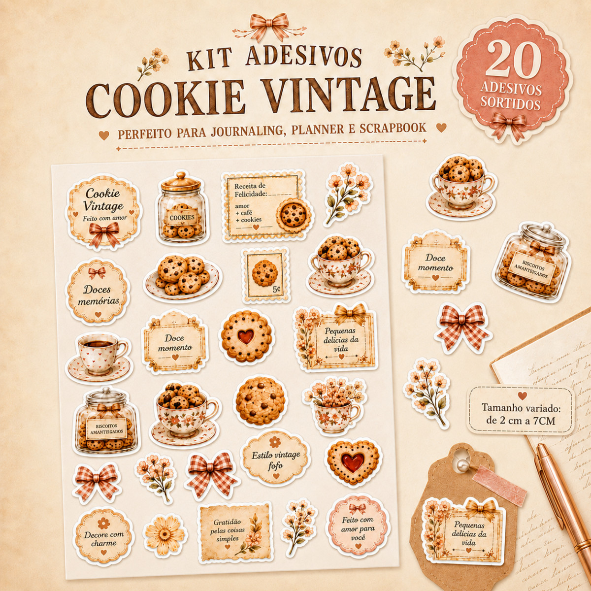 Kit Adesivos Cookie Vintage Vinil À Prova D’Água Journaling Planner Scrapbook 20 Unidades