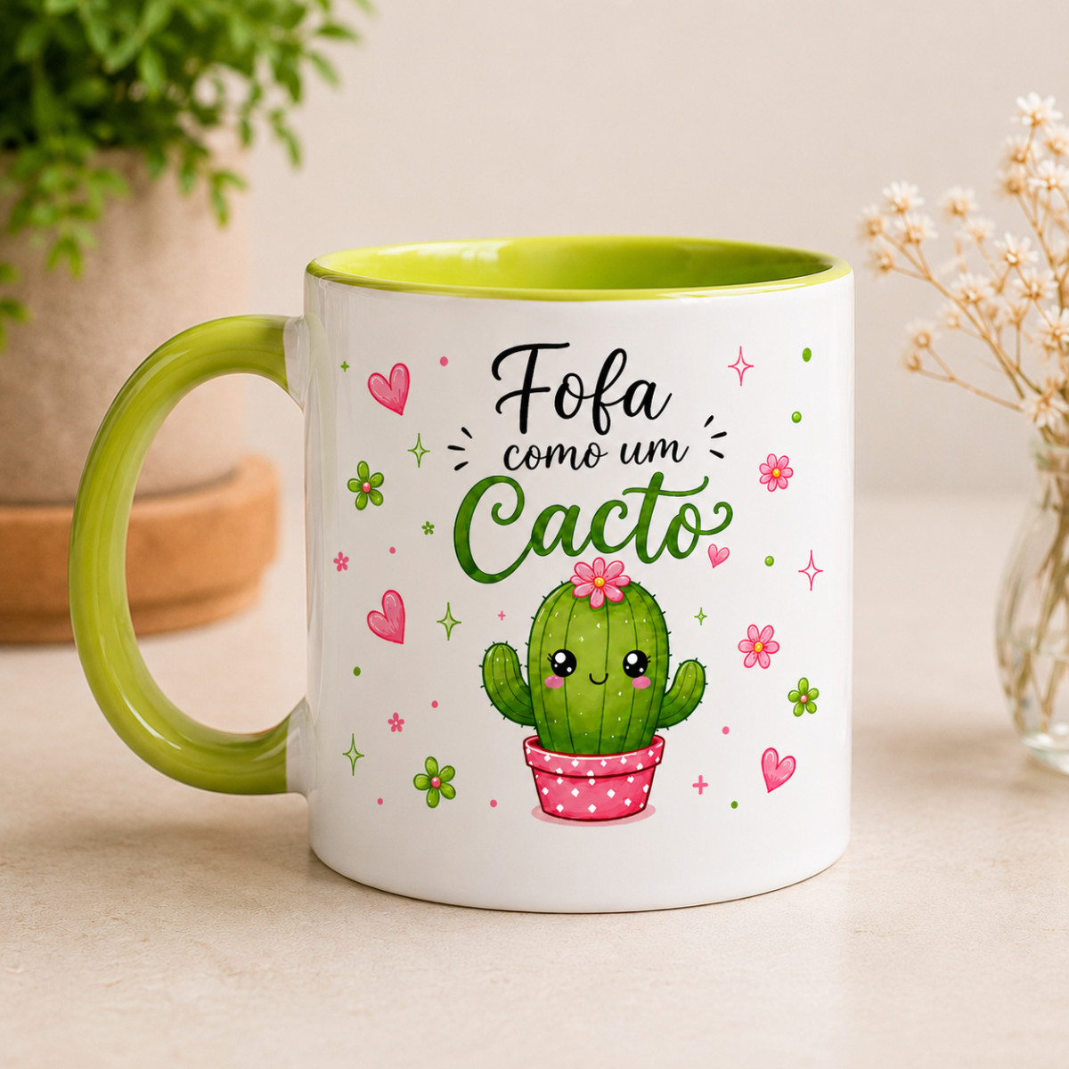 Caneca Cacto Fofa 325ml | Caneca de Cerâmica para Presente | Opção Branca ou Interior Verde