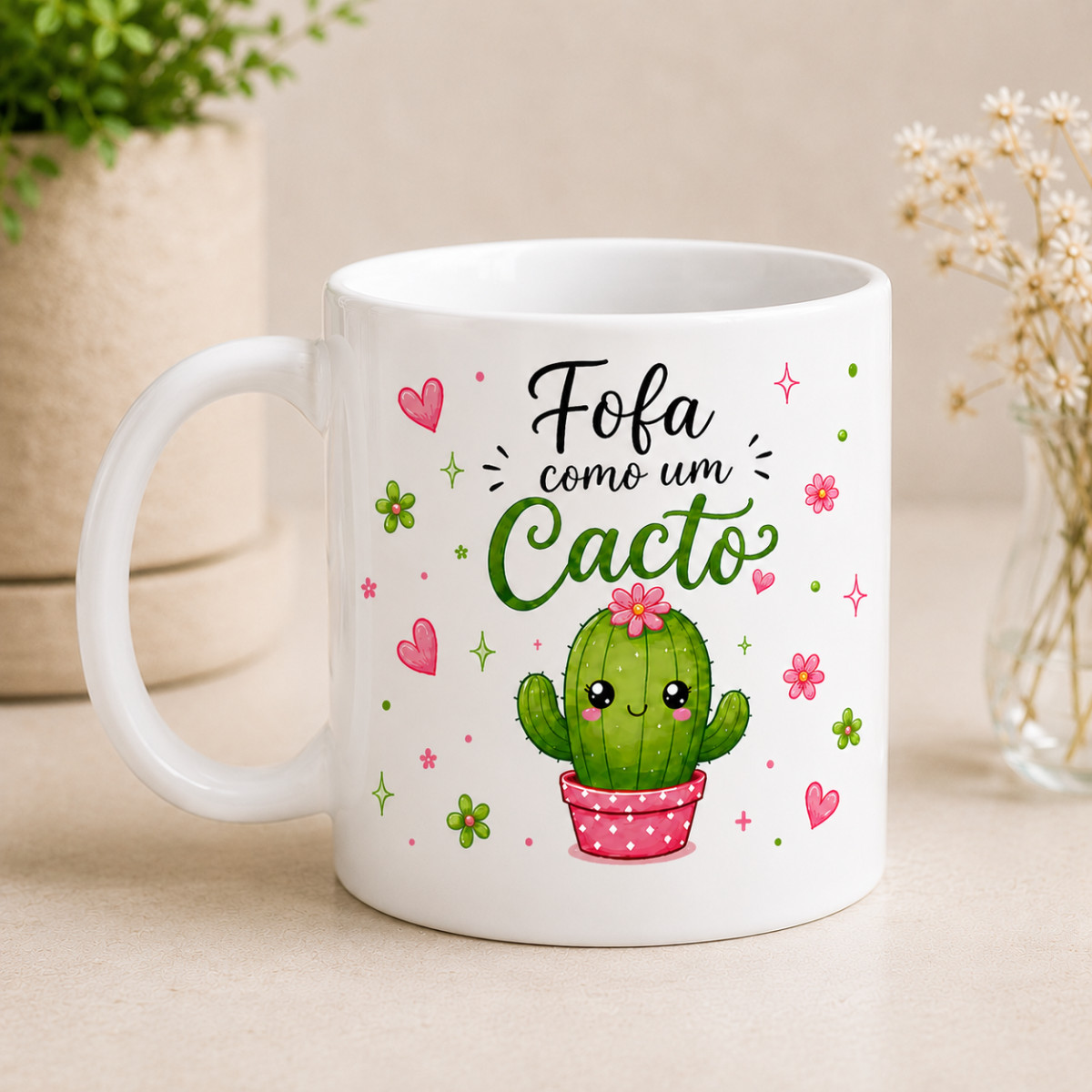 Caneca Cacto Fofa 325ml | Caneca de Cerâmica para Presente | Opção Branca ou Interior Verde