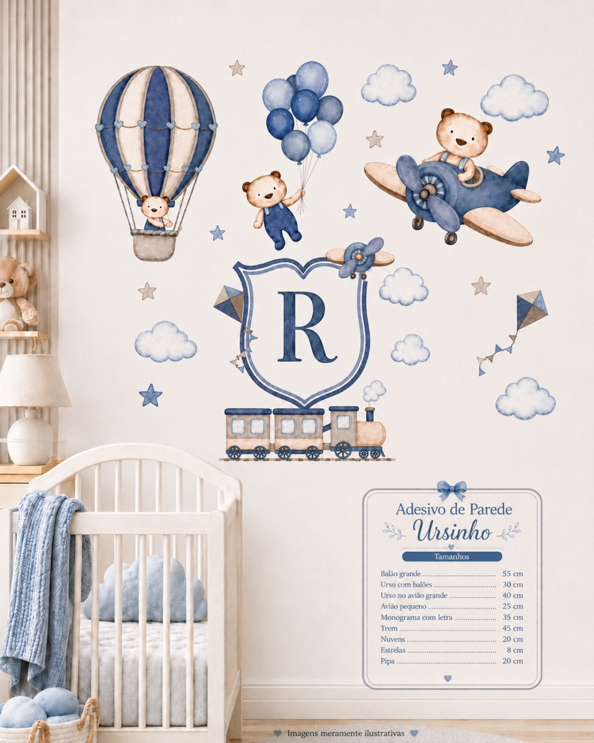 Adesivo de Parede Infantil Ursinho Aviador com Monograma – Azul Marinho e Cinza | Vinil Lavável