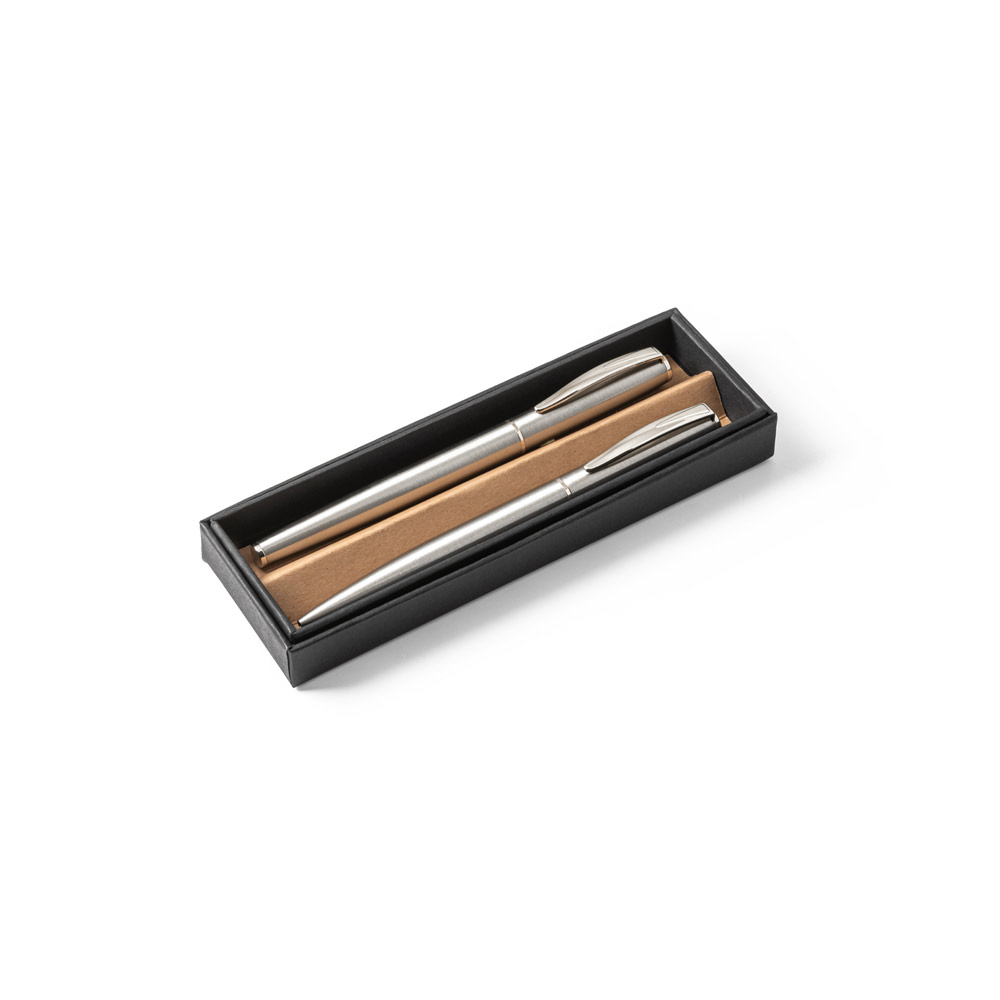 Conjunto de caneta roller e esferográfica com corpo em aço inox 53% reciclado com escrita em preto