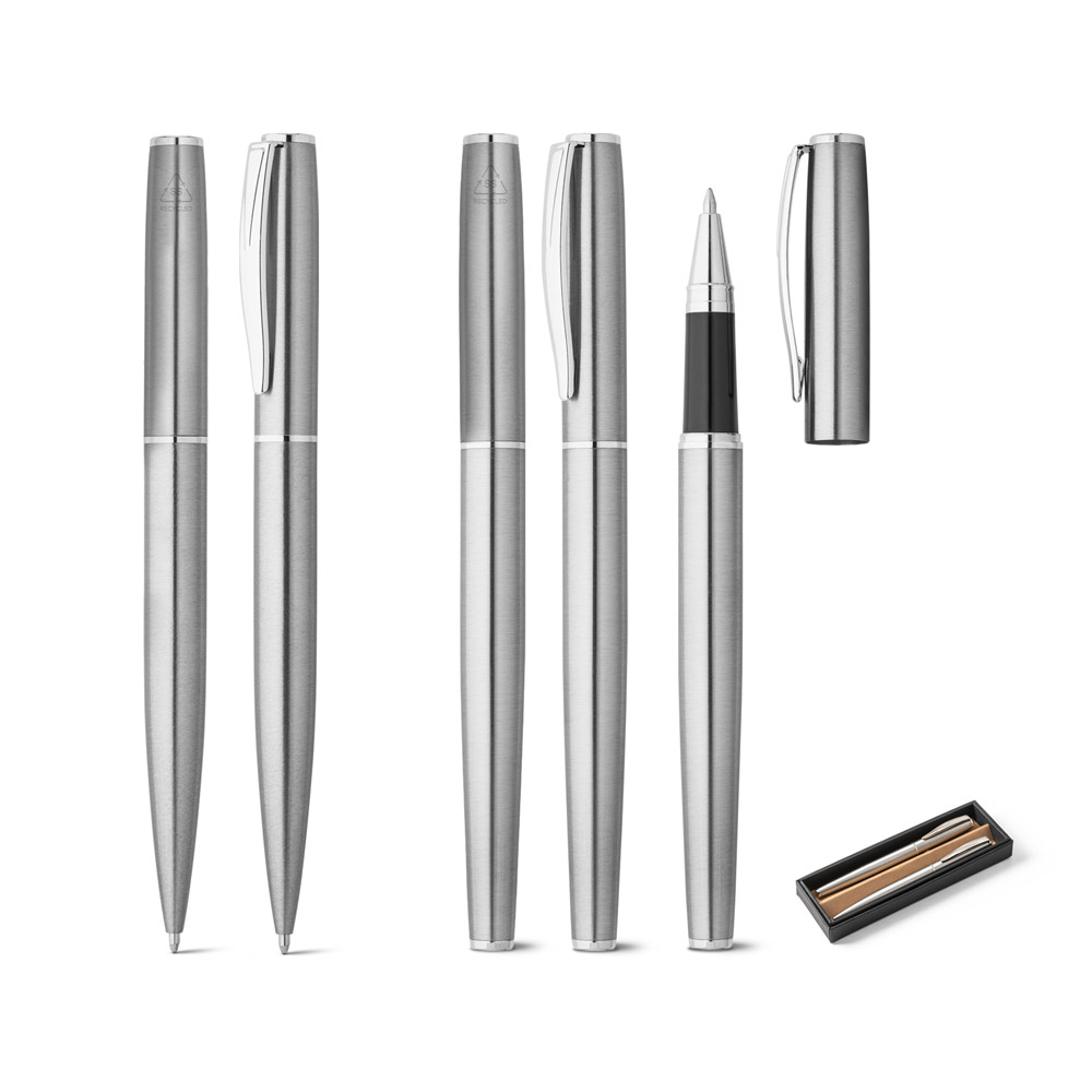 Conjunto de caneta roller e esferográfica com corpo em aço inox 53% reciclado com escrita em preto