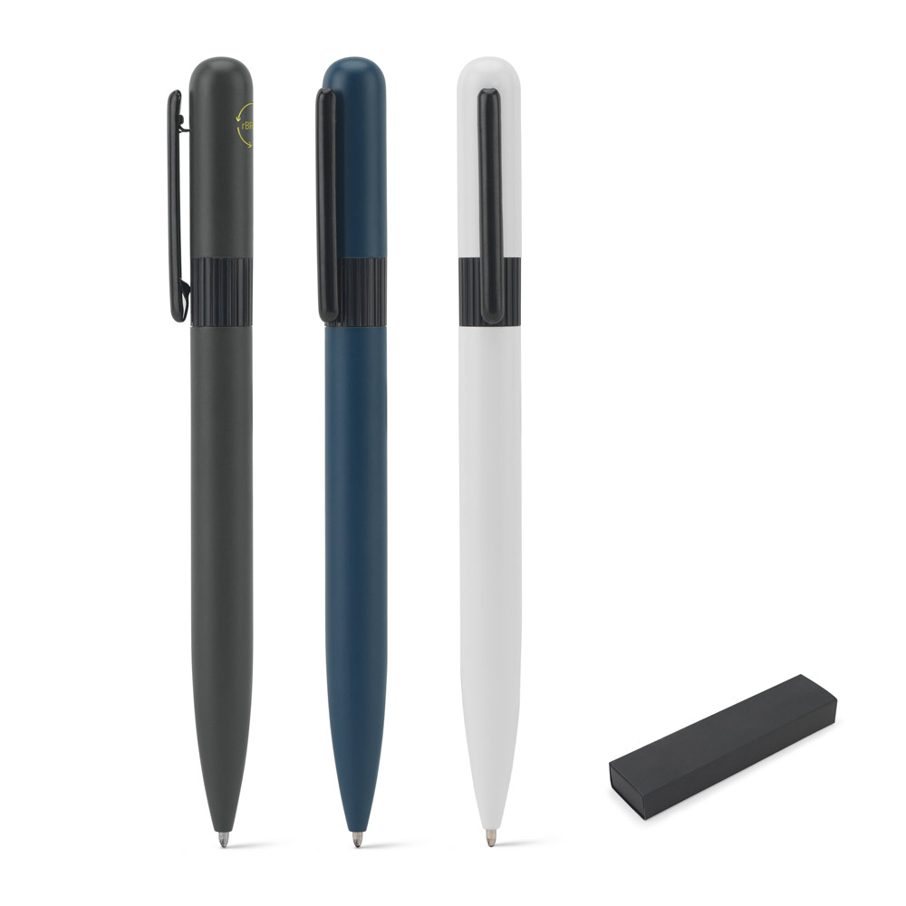 Caneta Esferográfica em metal 60% reciclado com design arredondado e escrita em preto