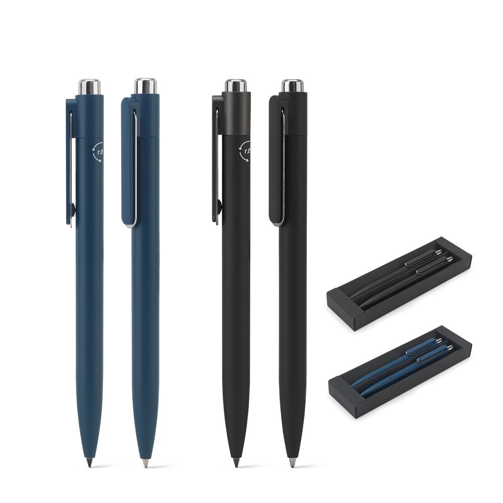 Conjunto de caneta composto por uma esferográfica e uma caneta sem tinta, ambas em alumínio 94% reciclado