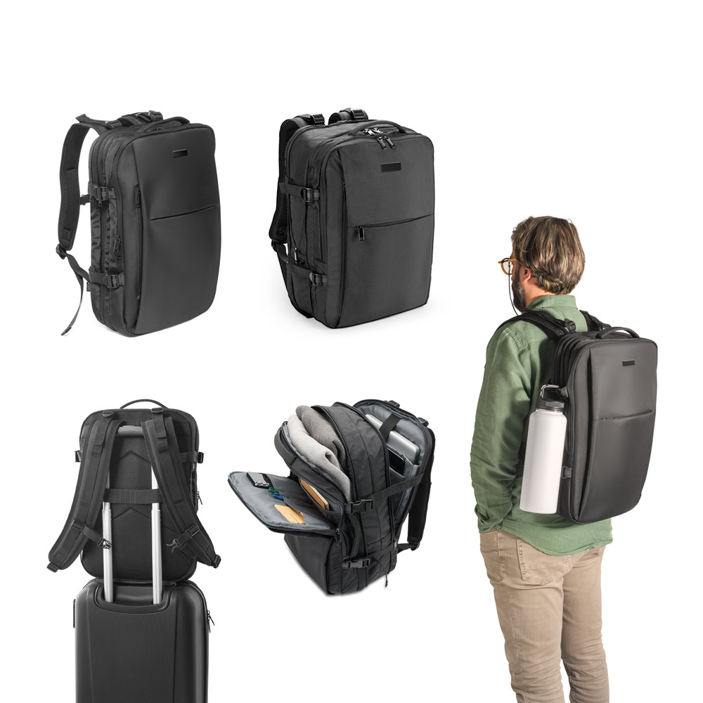 Mochila de viagem em poliéster reciclado 600D de alta densidade, com bolso para notebook 17'3" e placa para gravação 29 L