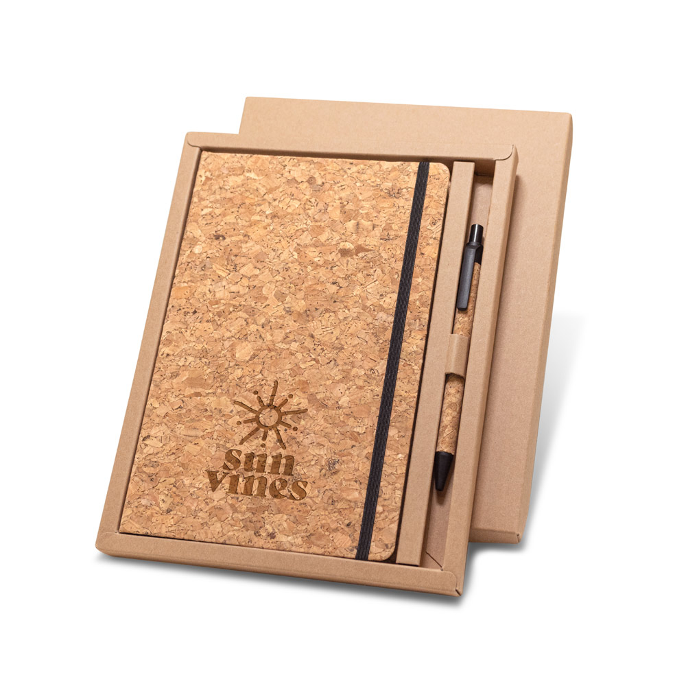 Conjunto de bloco de notas e esferográfica em cortiça