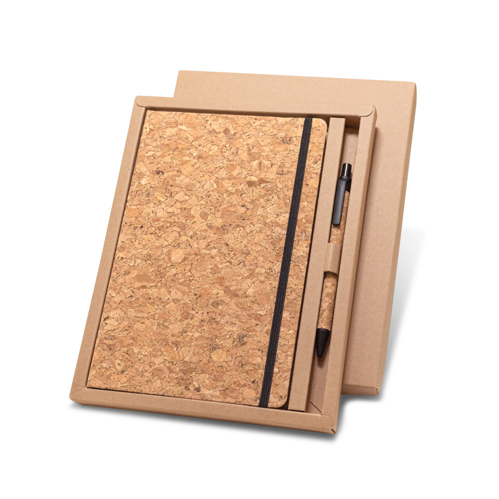 Conjunto de bloco de notas e esferográfica em cortiça