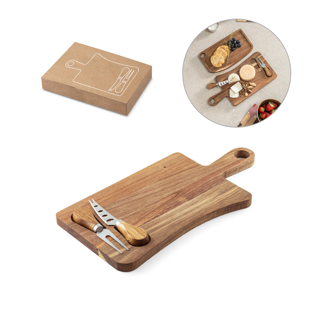 Tábua de queijos em madeira de acácia com 2 utensílios em madeira de acácia e aço inox