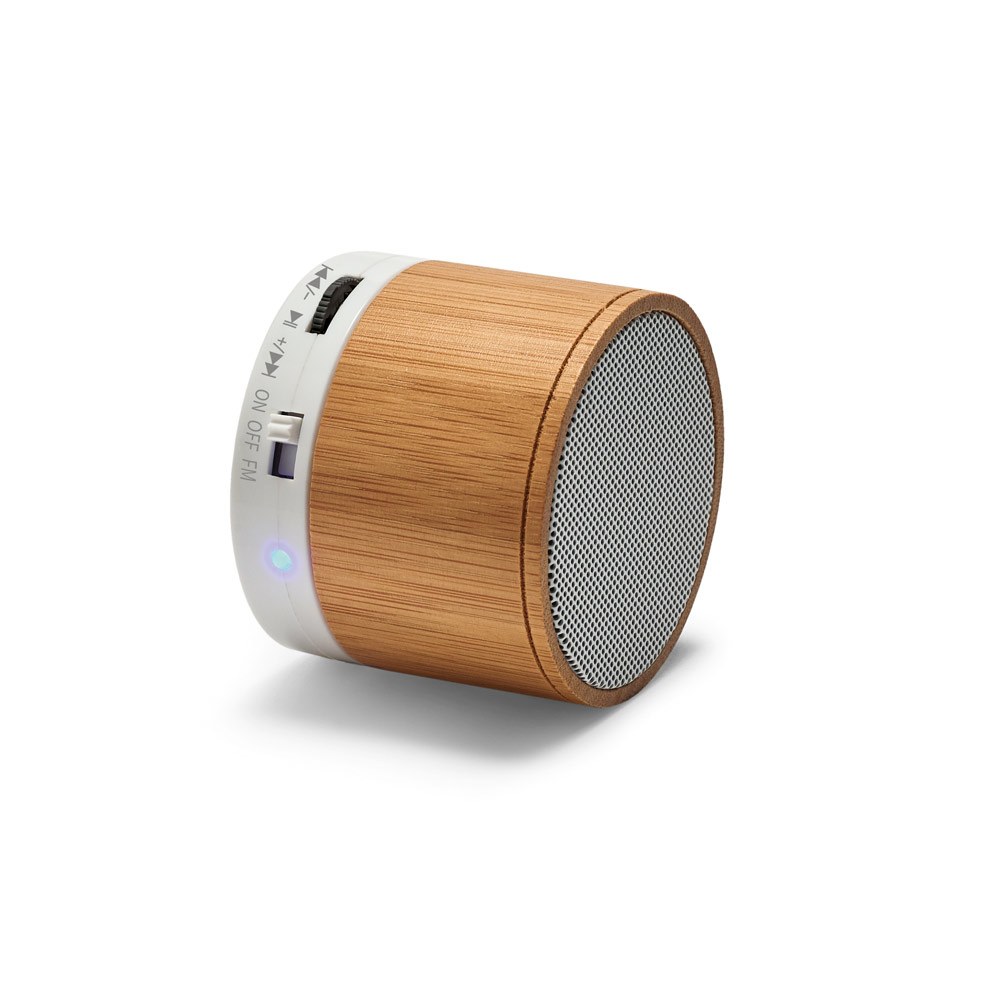 Caixa de som em bambu com microfone