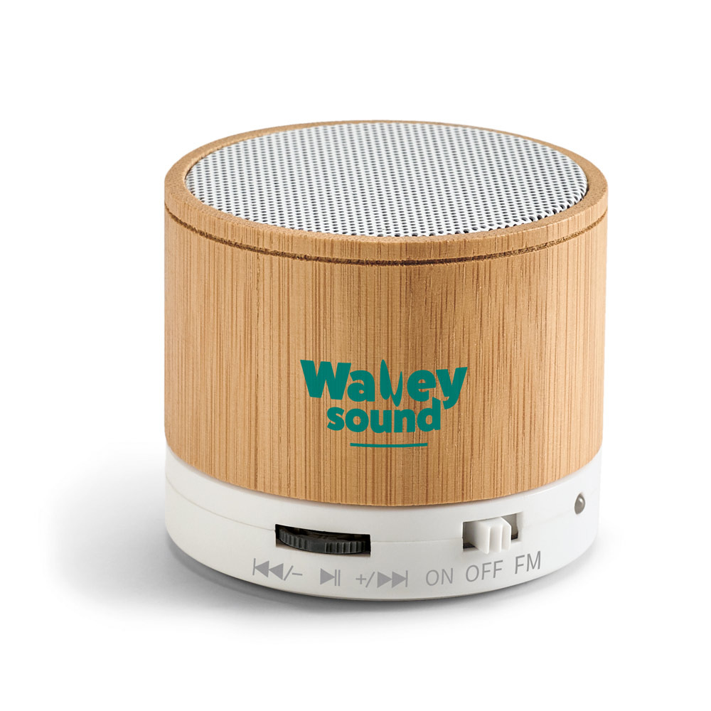 Caixa de som em bambu com microfone