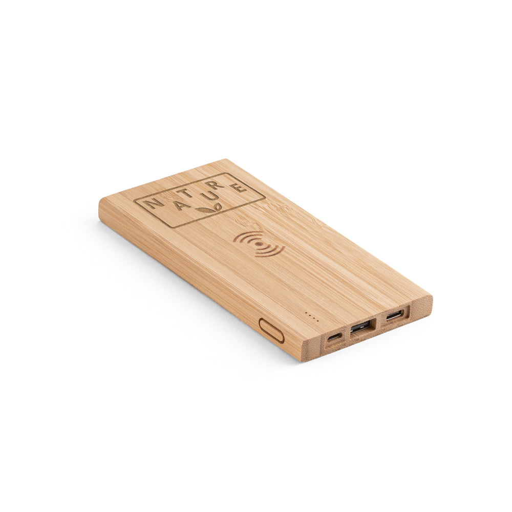 Bateria portátil com carregador por indução (wireless) super-rápido em bambu 5'000 mAh