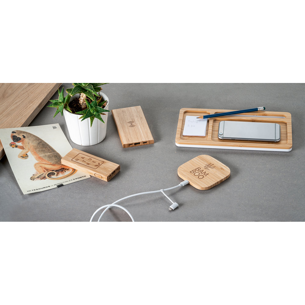 Bateria portátil com carregador por indução (wireless) super-rápido em bambu 5'000 mAh