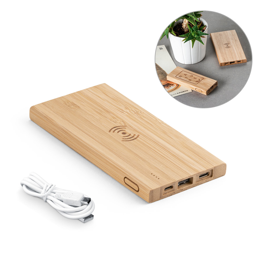 Bateria portátil com carregador por indução (wireless) super-rápido em bambu 5'000 mAh