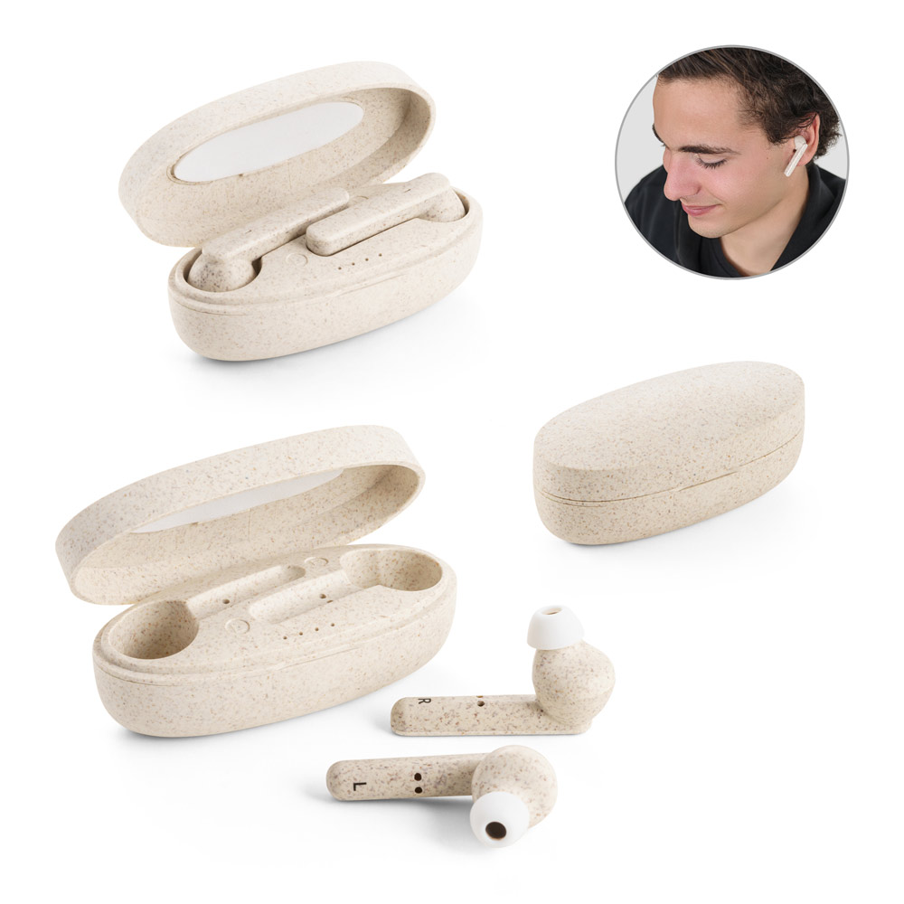 Fones de ouvido True Wireless em fibra de palha de trigo e PP com autonomia de 3h