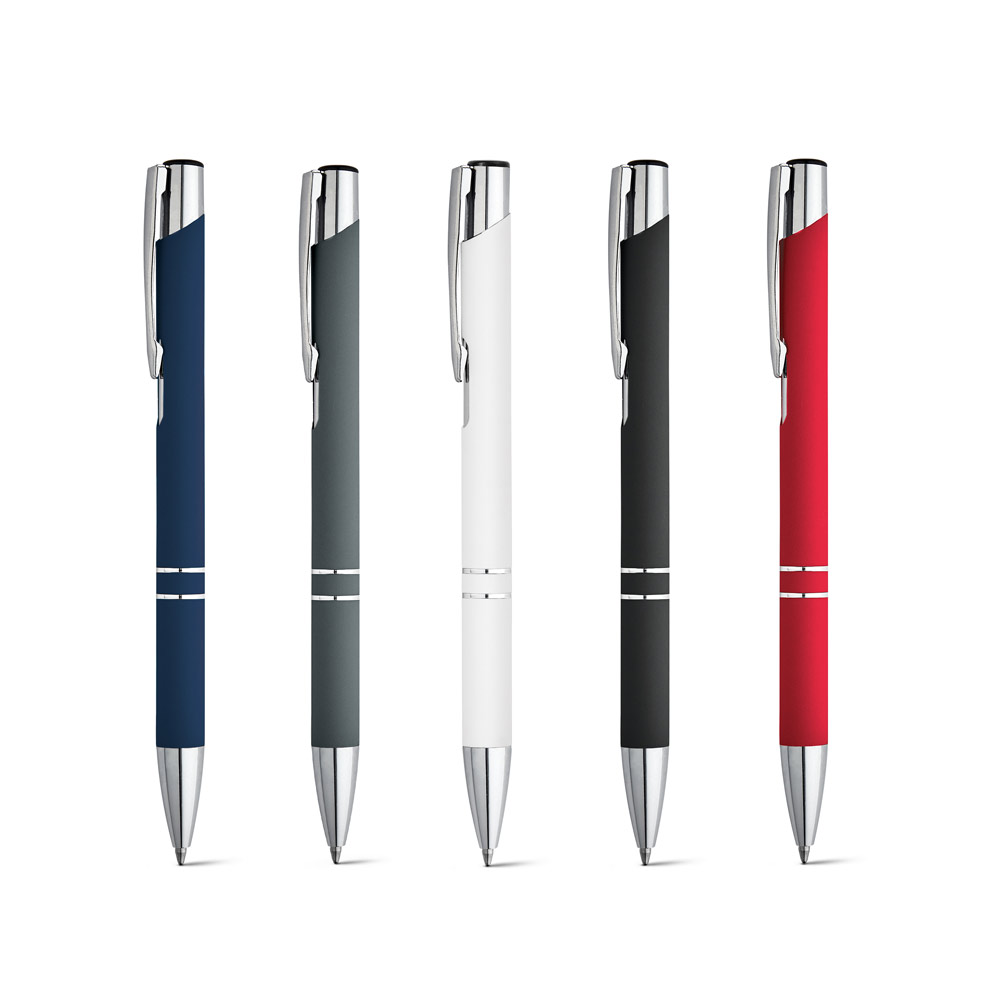 Caneta Esferográfica em alumínio com acabamento emborrachado e escrita em preto