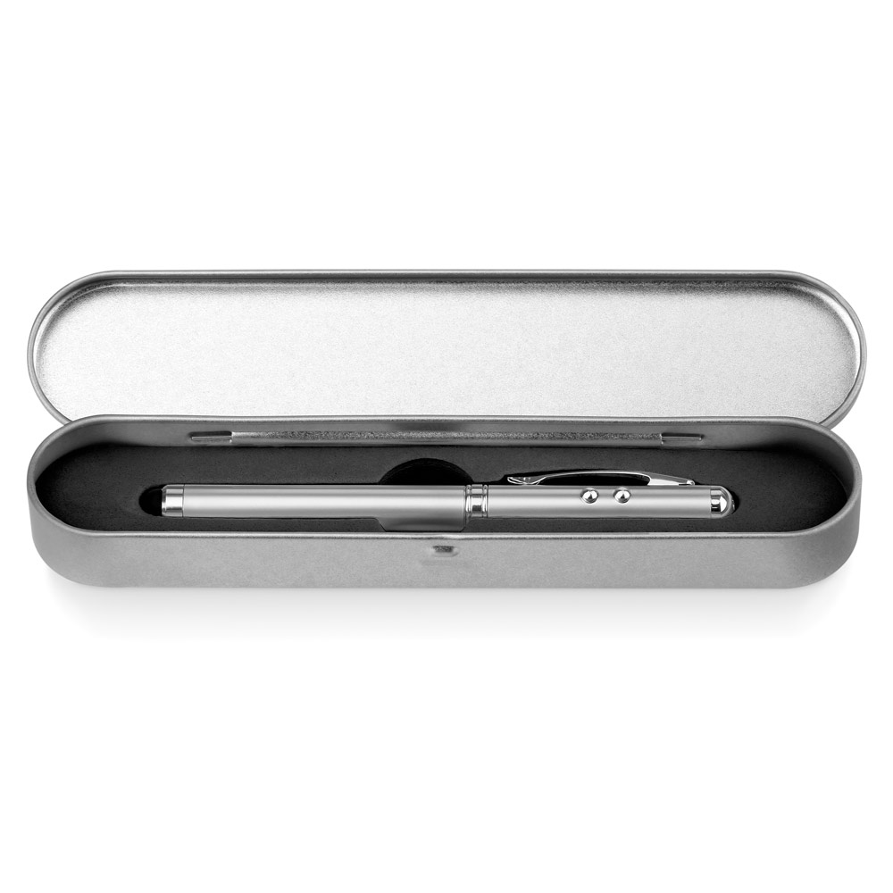 Caneta Esferográfica multifunções em metal com escrita em azul