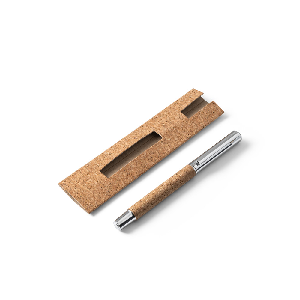 Caneta Roller com corpo em aço inox 90% reciclado e cortiça com escrita em azul