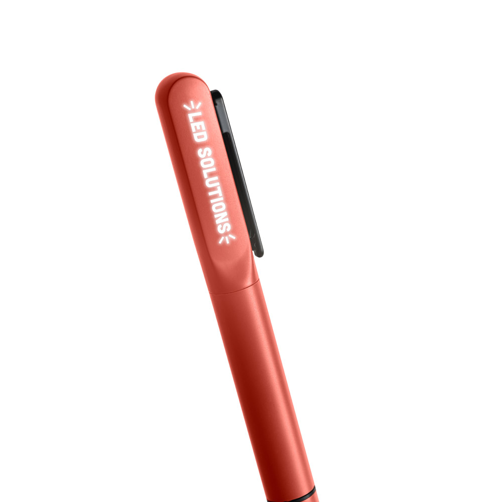 Caneta Esferográfica em alumínio 94% reciclado com iluminação no clipe e escrita em azul