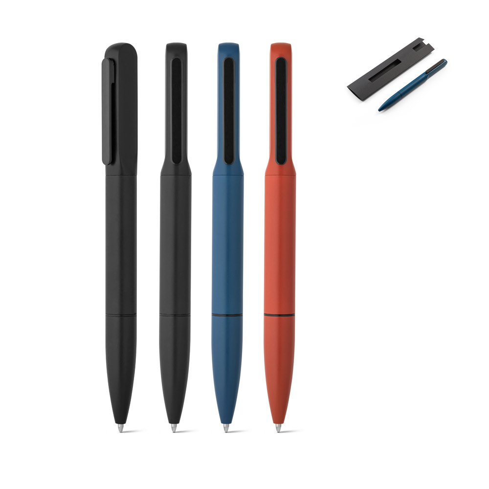 Caneta Esferográfica em alumínio 94% reciclado com iluminação no clipe e escrita em azul