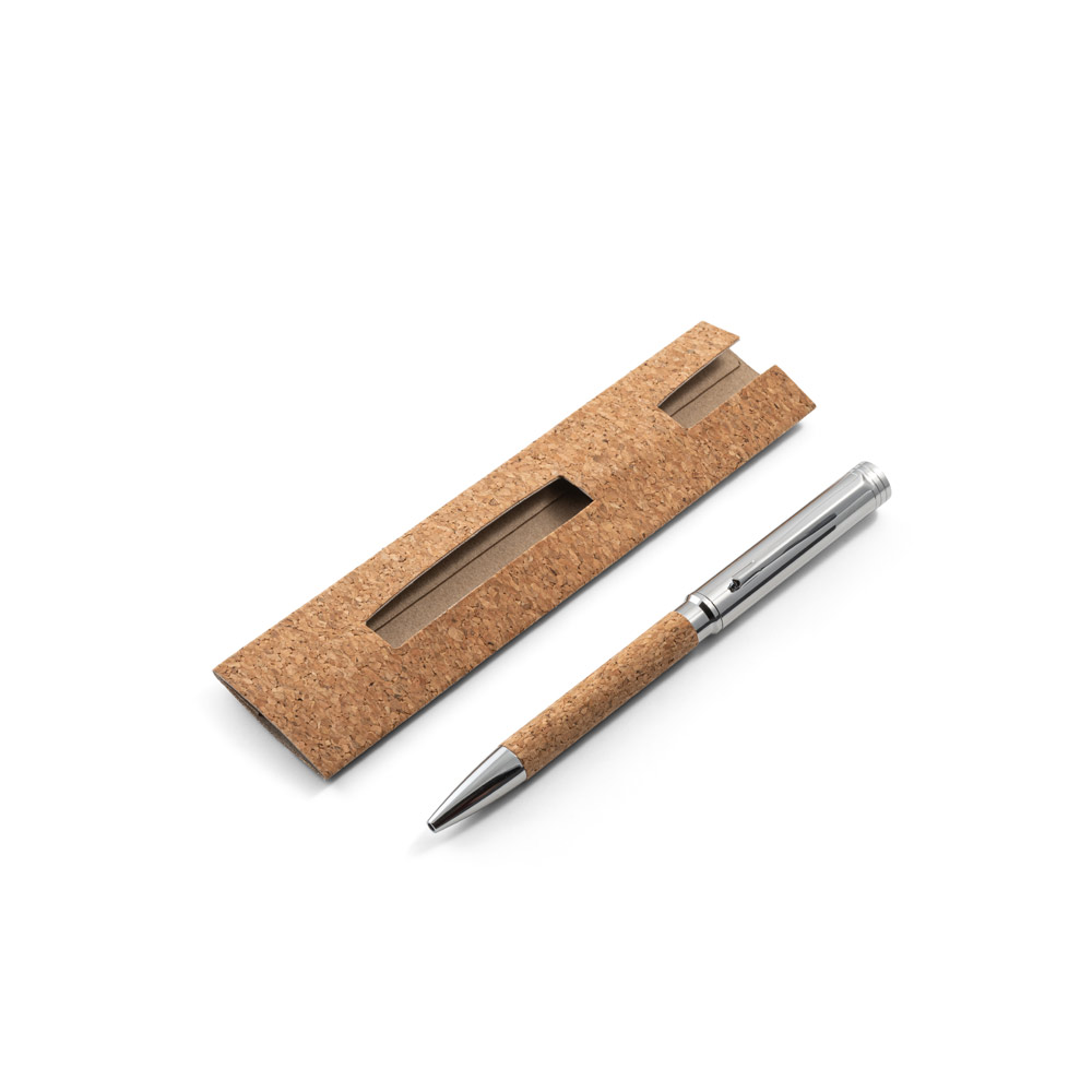 Caneta Esferográfica em cortiça e metal com escrita em azul