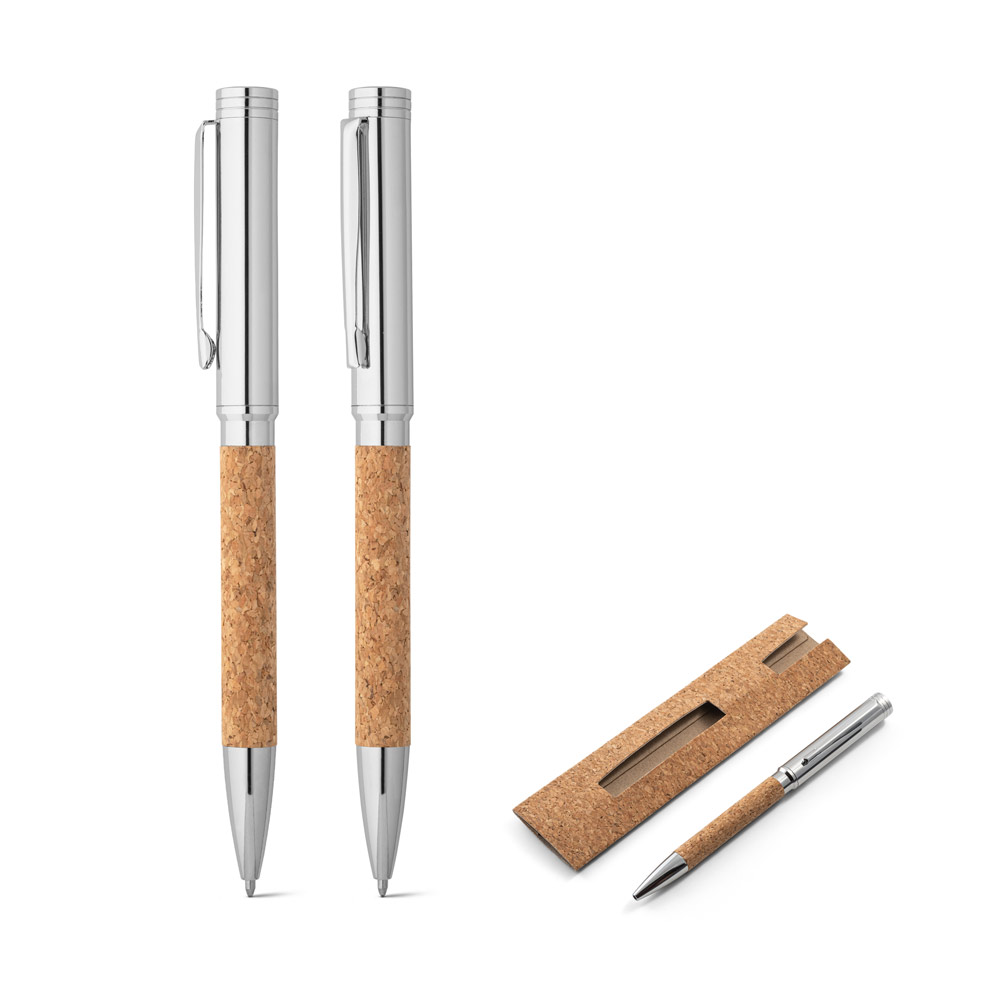 Caneta Esferográfica em cortiça e metal com escrita em azul