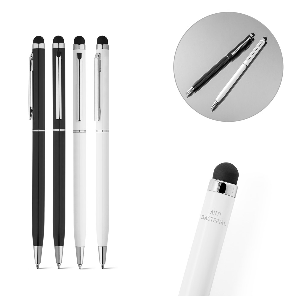 Caneta Esferográfica em alumínio com tratamento antibacteriano e escrita em azul