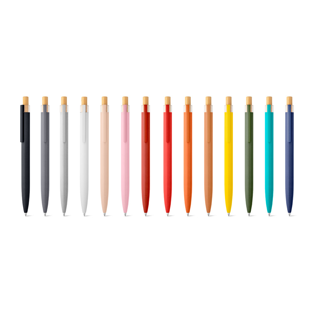 Caneta Esferográfica com corpo em alumínio 100% reciclado com ponteira em bambu e escrita em azul