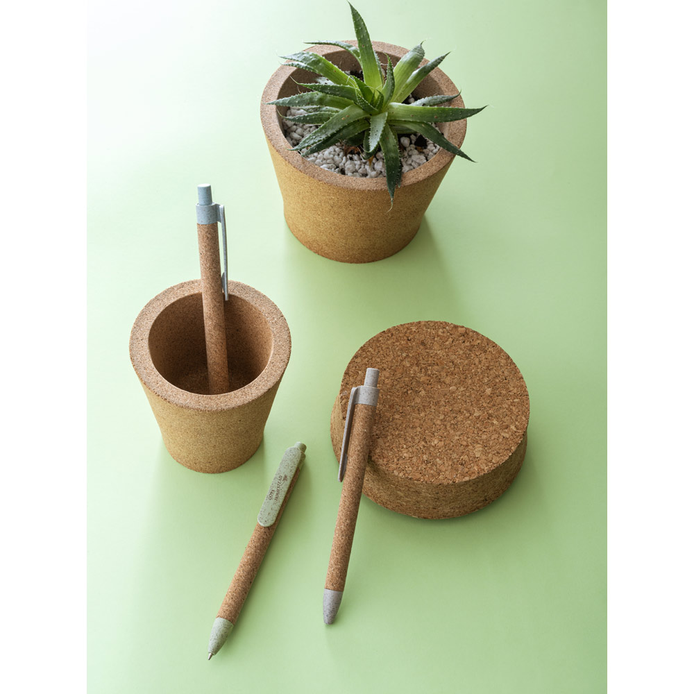 Caneta Esferográfica em cortiça, fibra de palha de trigo e PP com escrita em azul