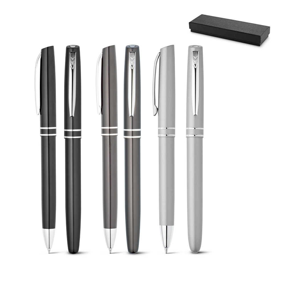 Caneta Conjunto de roller e esferográfica em alumínio com escrita em azul